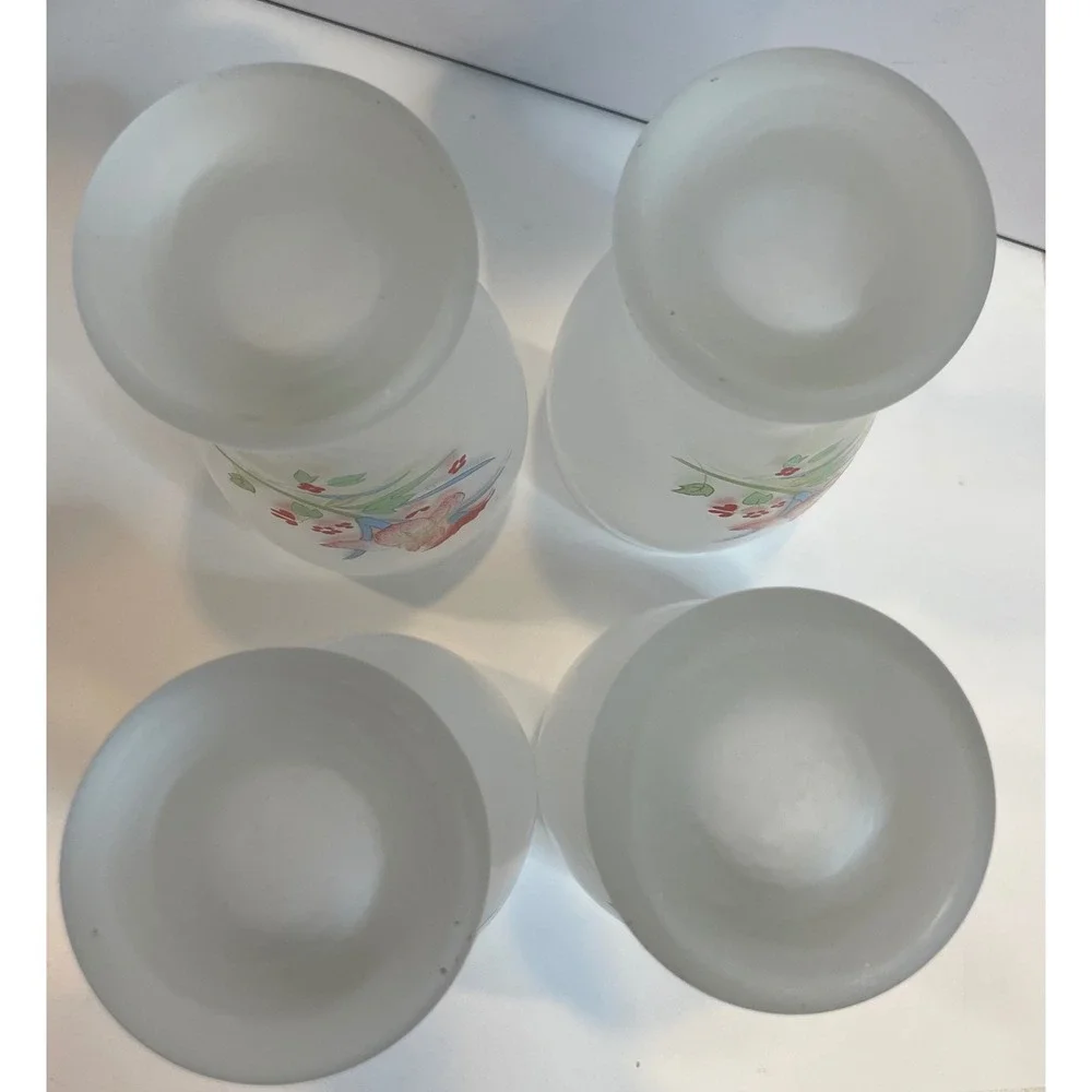 Vintage Frosted Glass Floral Iris Tumbler Set of 4 White Lace Trim 6 inch Tall